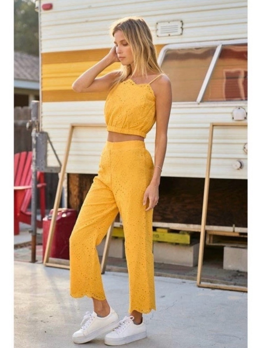 LALAVON YELLOW EMBROIDERED EYELET 100% COTTON PREPPY CROP TOP AND PANT SET SzM - Picture 3 of 14